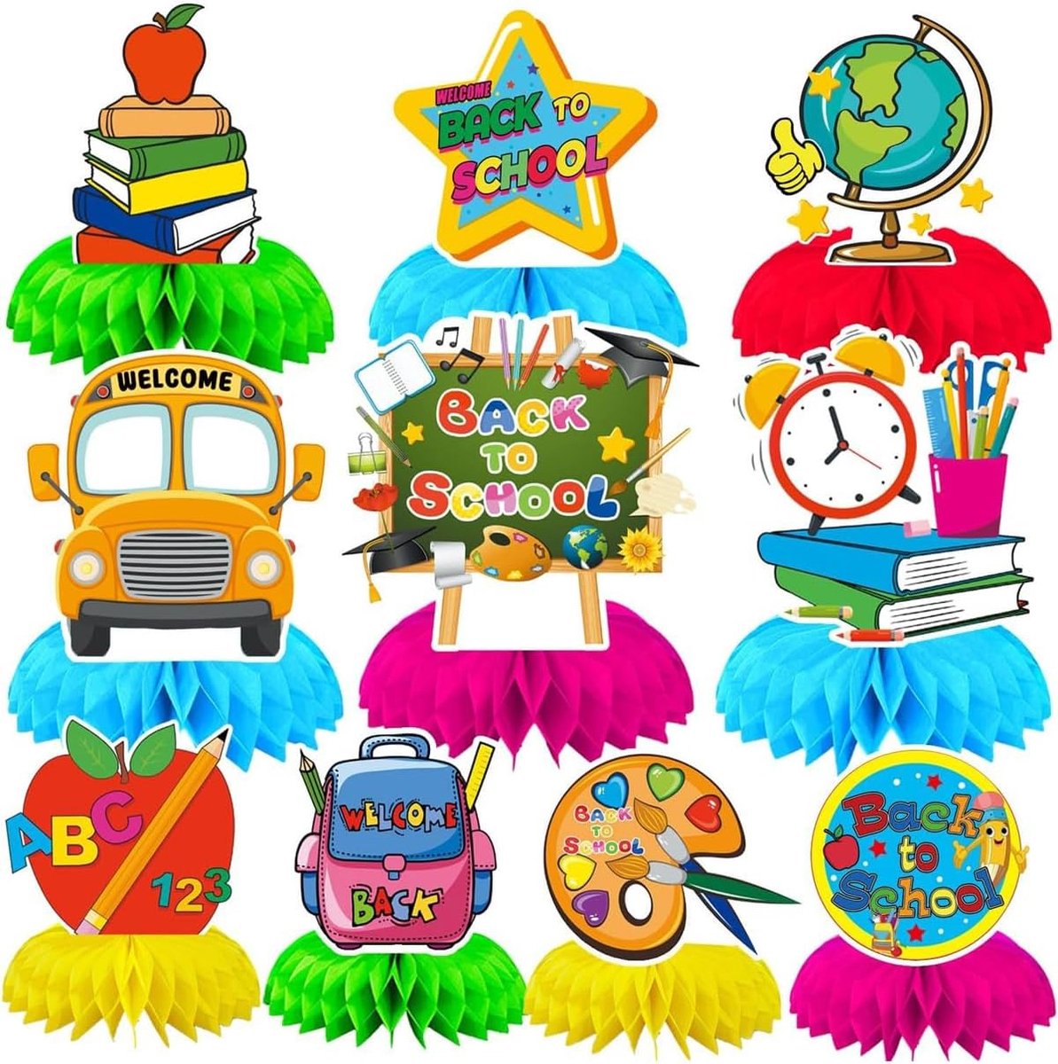 meisjes 2026-10 stuks tafeldecoratieset met 3D-honingraatmiddelstukken, schooltas en regenboogmotief voor schoolkinderfeest, eerste schoolfeest en de eerste schooldag