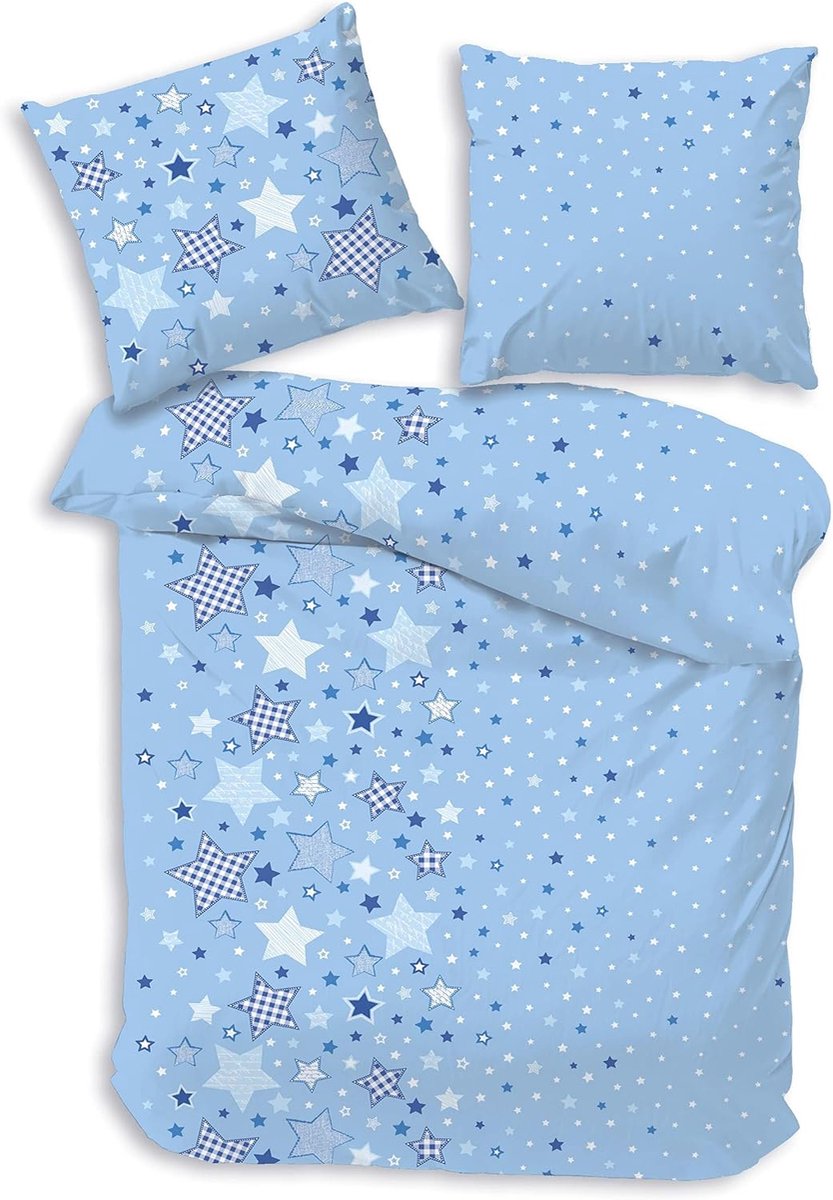 Flanellen beddengoed, 135 x 200 cm, sterrenmotief, blauw, behaaglijk en zacht, kinderbeddengoed voor meisjes en jongens, kussensloop 80 x 80 cm + dekbedovertrek 135 x 200 cm, 100%