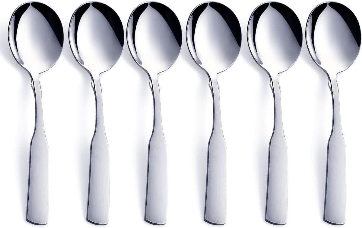 Soeplepels, roestvrij staal 15,5 cm zware ronde lepels, dinerlepel tafellepel zilverwerk, metalen lepel bestekset, 6-delig