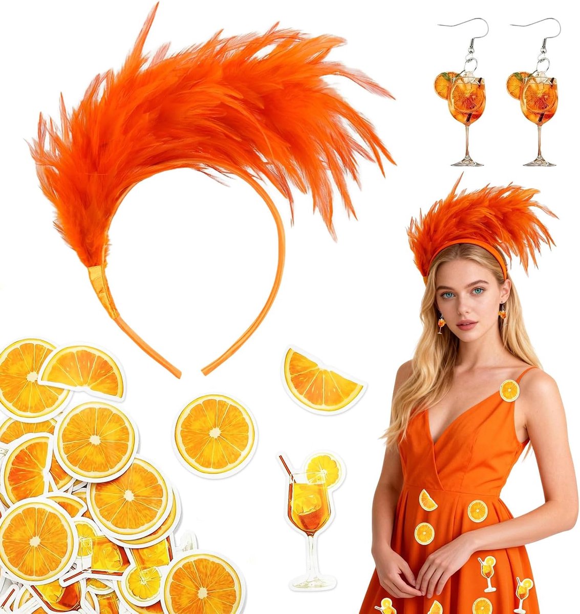 Kostuum dames accessoires bevat oranje oorbellen, veer haarband, oranje fruit cocktailstickers voor Kerstmis carnaval themafeest cosplay
