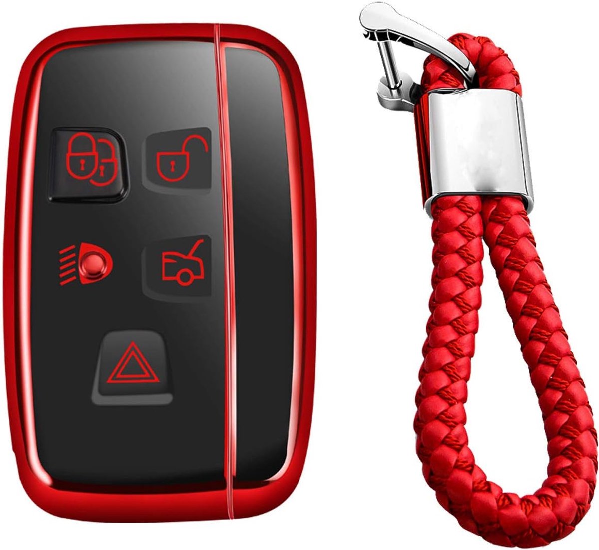 Sleutelomhulsels Autosleutel Cover Hoesje Voor Land Rover Discovery 4/Sport Freelander 2 Voor Range Rover Evoque/Sport/Velar - Glanzend Rood - Weven Sleutelhanger