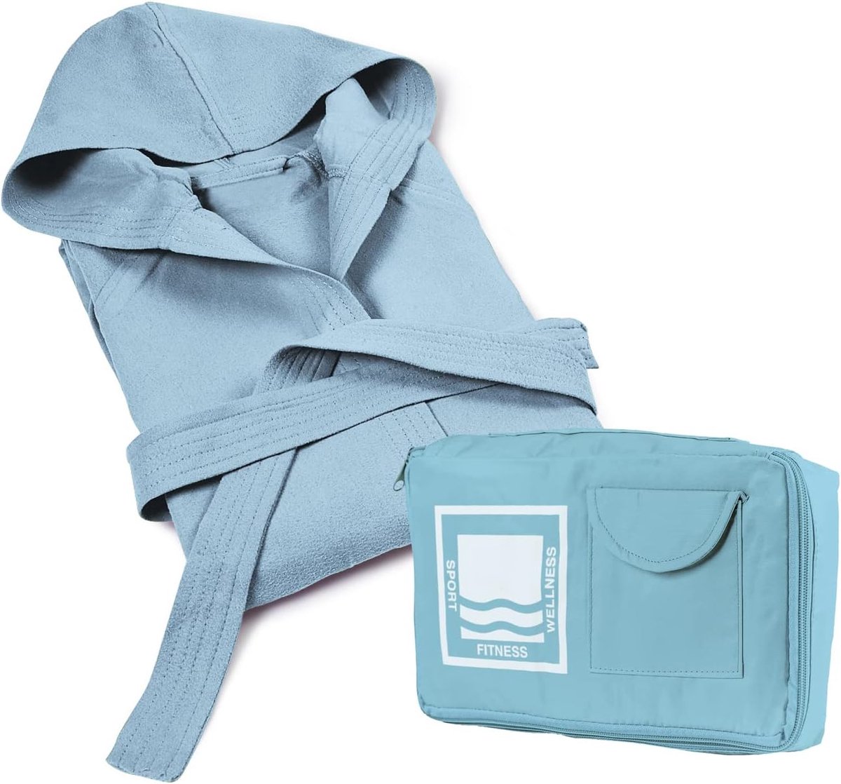 Badjas van 100% microvezel met capuchon - badjas voor dames en heren met robuuste en ruimtebesparende tas - maat S lichtblauw