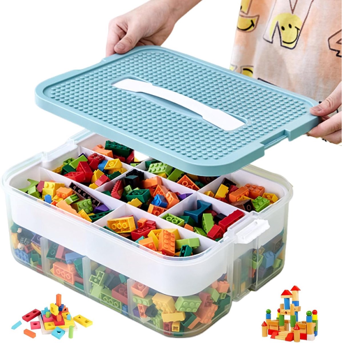 Opbergbox voor bouwstenen, met deksel, stapelbare opbergboxen, organisator van kunststof, sorteerbak, doorzichtig speelgoed voor kinderspeelgoedkist