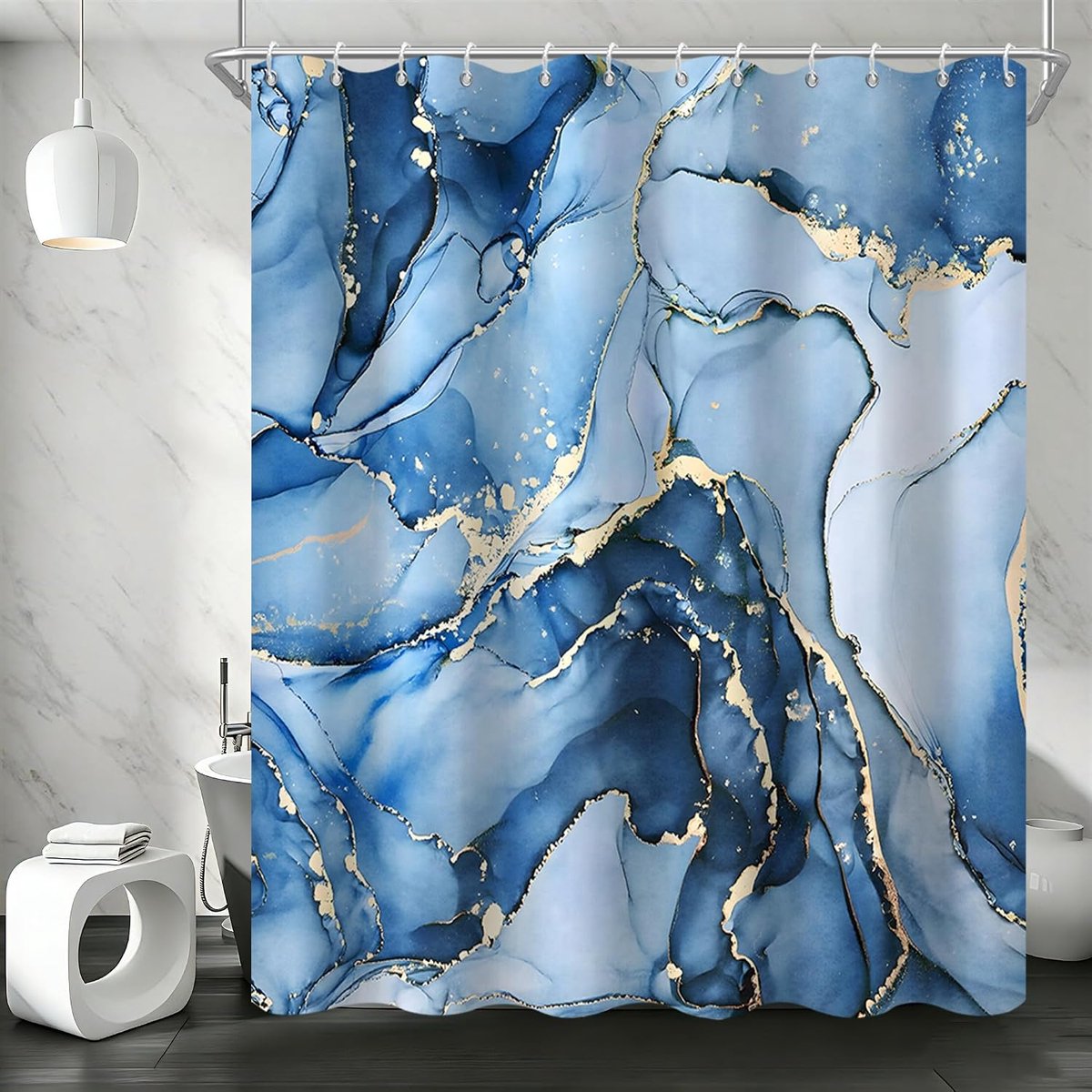 Douchegordijn, 180 x 200 cm, blauwe ombre moderne abstracte kunst, marmer, waterdichte stof, machinewasbaar, badkamergordijn met haak