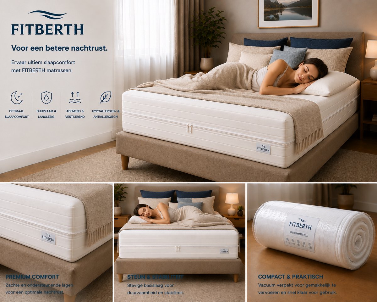FITBERTH 120x200x16 Matras - Zacht - HR28 - Premium - Orthopedisch Verantwoord - Ventilerend - Ergonomische Ondersteuning - Afritsbaar - Wasbaar wit