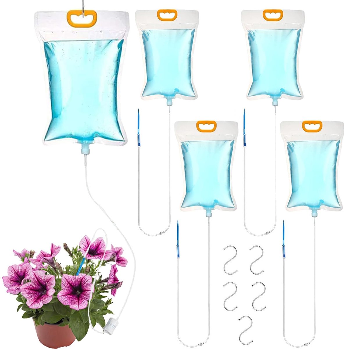 5-delige set automatische irrigatiezakken, 3,5 l, met instelbare schakelaar, druppelirrigatiesysteem, planten, sproeier, pot voor binnen, buiten, tuin, balkon
