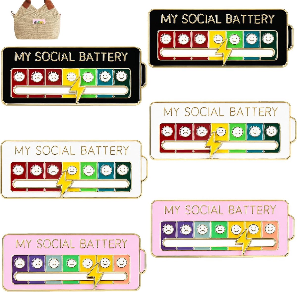 6 stuks Social Battery Pin, interactieve stemmingsbarometer, grappige broche, My Social Battery Pin reversspelden 7 dagen voor rugzakken, jassen, hoeden (wit, zwart, roze)