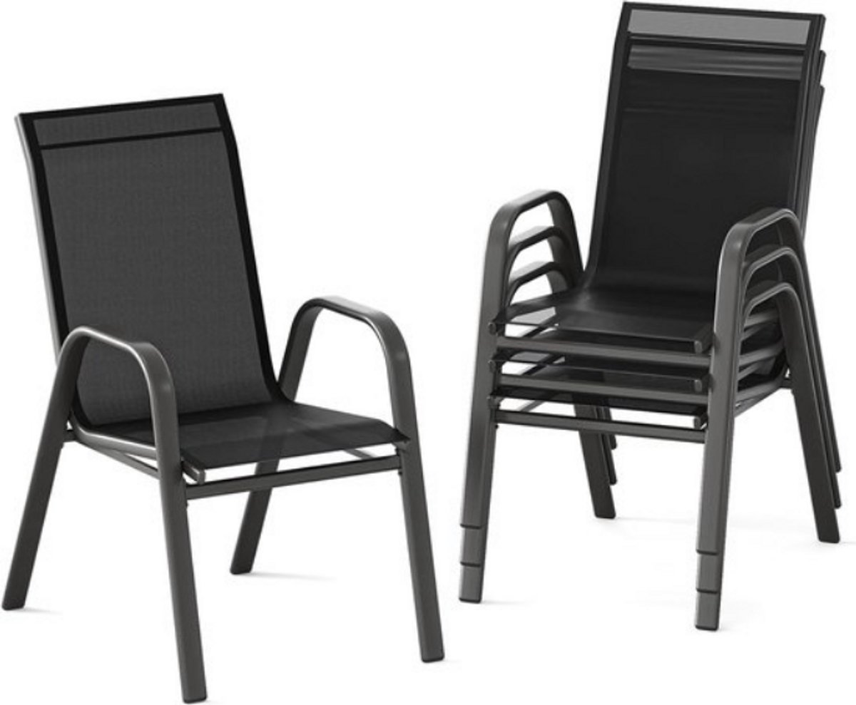 Gudalio Tuinstoelen - Set van 4 - Tuinset - Buitenstoelen - Stapelbaar - Textileen & Metaal - Weerbestendig - Roestvrij - Zwart