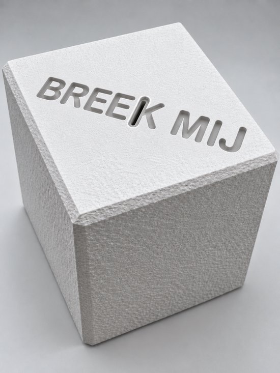 Tirelire blanche en forme de cube avec l'inscription 'BREEK MIJ' et une fente.
