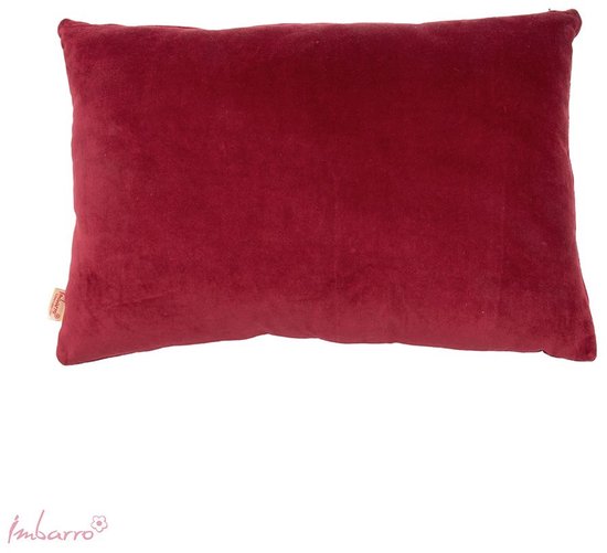 Un coussin décoratif rectangulaire en velours bordeaux de 40x60 cm, avec une texture douce et une étiquette sur le côté.