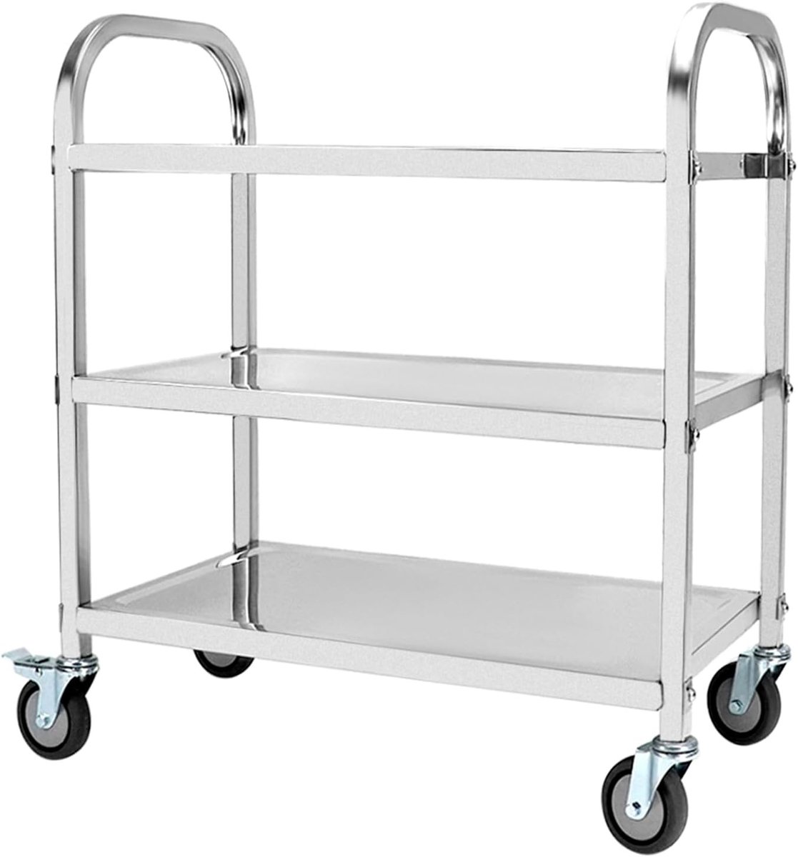 3-laags roestvrijstalen serveerwagen, theewagen, schoonmaakwagen - 95 x 50 x 95 cm - stille wielen met rem, multifunctioneel en duurzaam