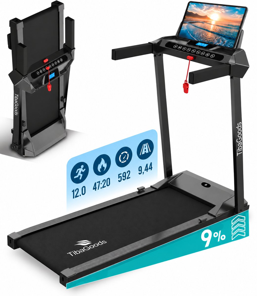 Bol.com TibaGoods Loopband inklapbaar - Met helling 9% - Hardloopband - Wandelband - 1 t/m 12 kmh - Inklapbaar - 12 Programma's ... aanbieding