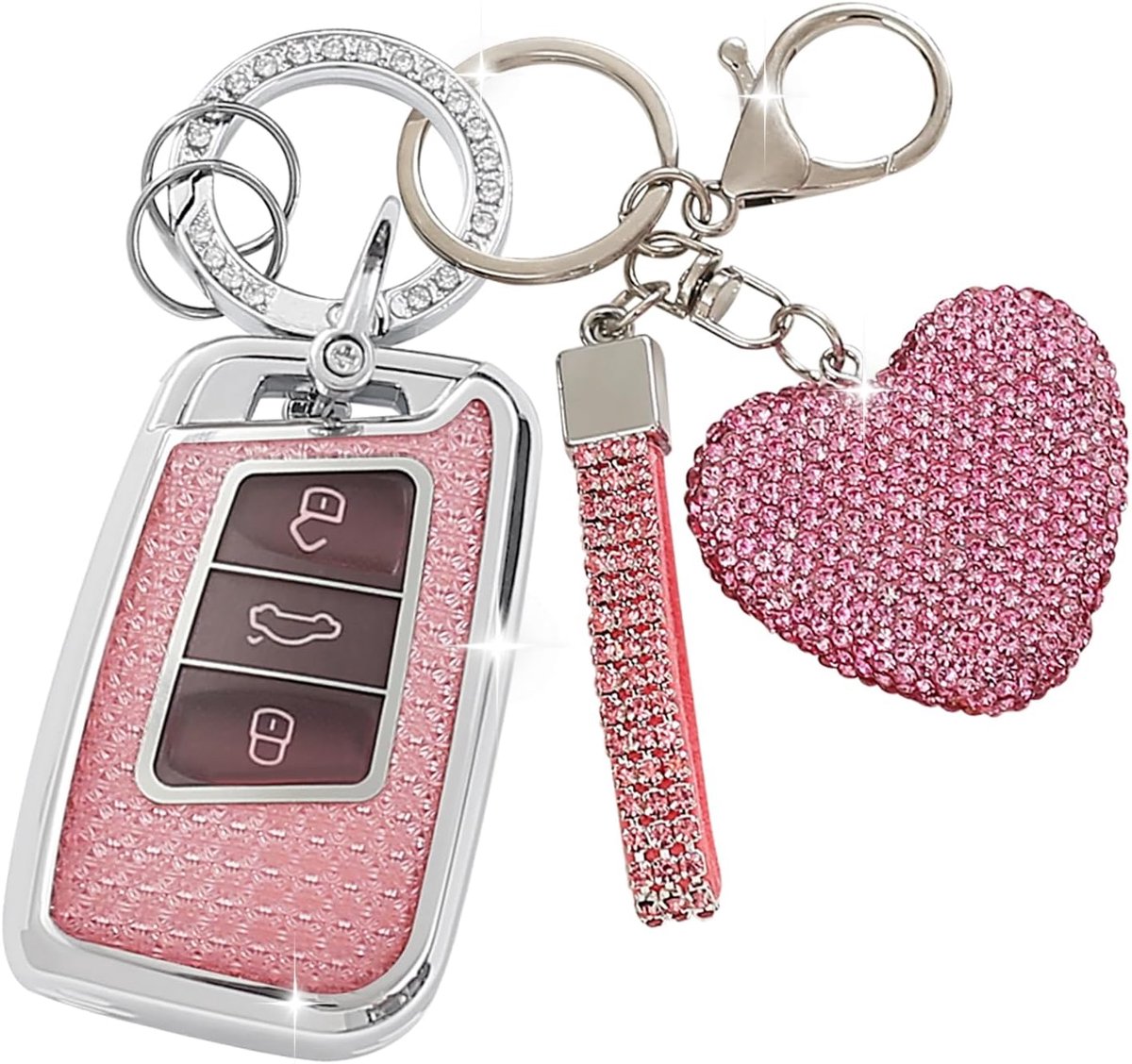 Autosleutelhoes met Hartsleutelhanger Geschikt voor VW Sleutels Compatibel met VW Passat B8 Jetta Polo Tiguan T-ROC MK2 Scirocco Skoda Superb Kodiaq Seat, Smart Key,3 Knoppen (Roze)