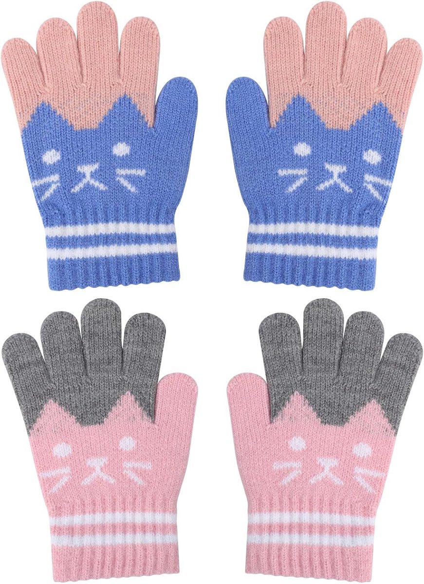 Handschoenen voor kinderen, schattige kattenpatroon, warme handschoenen van kunstkasjmier voor jongens en meisjes (meerkleurig, dubbele manchetten)