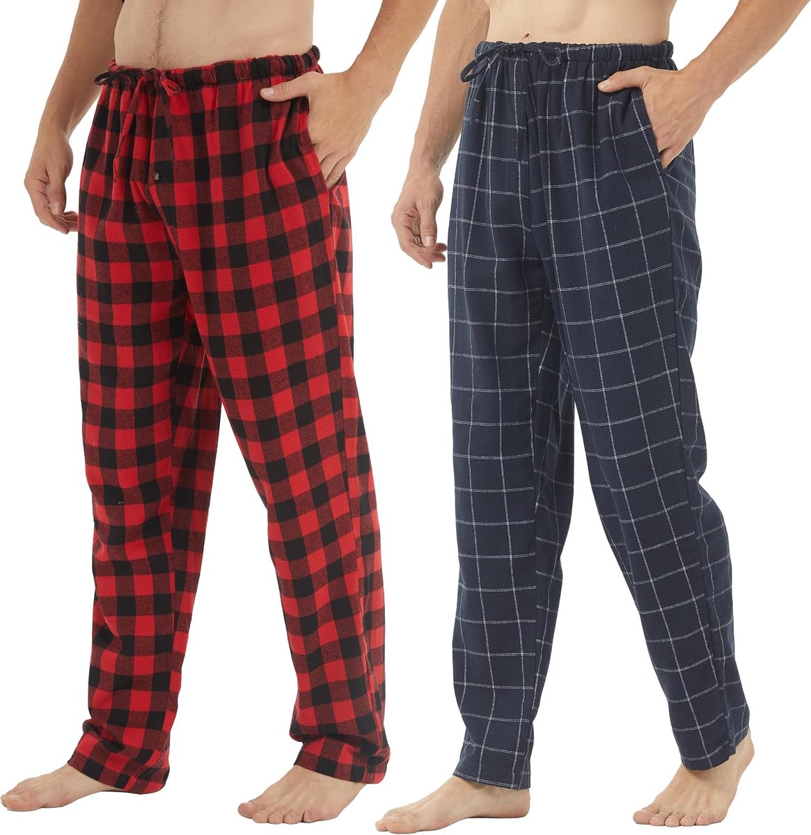 Set van 2 pyjamabroek voor heren, katoen, flanel, zachte pyjamabroek, geruit, pyjamabroek, lounge, pyjama met knoopsluiting en zakken