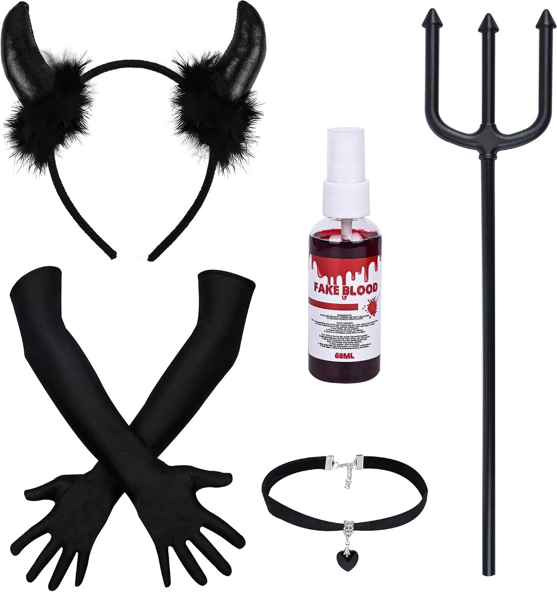 Dames,5-Delige Set Duivelshoorns,Handschoenen,Drietand,KunstbloedsPray,Gothic Kettingenset,Duivelaccessoires Dames Meisjes Duivelkostuum Haarband voor Halloween Carnaval