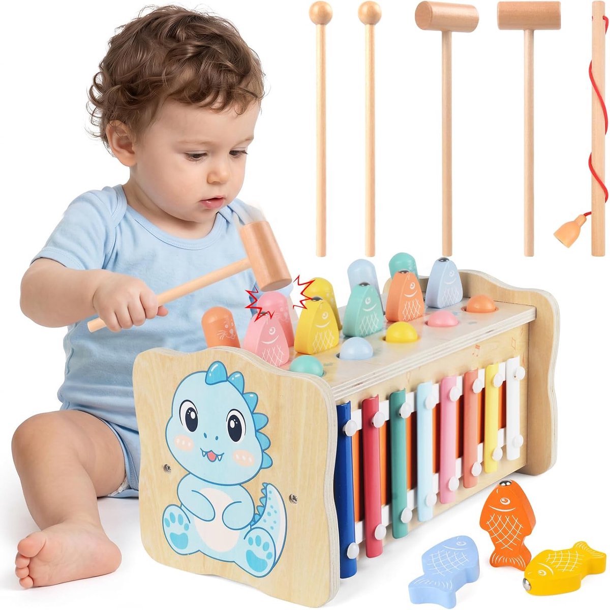 Montessori speelgoed jaar, 4-in-1 houten speelgoed met hamer, xylofoon, visspel, tandwiel, motoriek speelgoed, cadeau kinderspeelgoed, 2, 3, 4 jaar, meisjes en