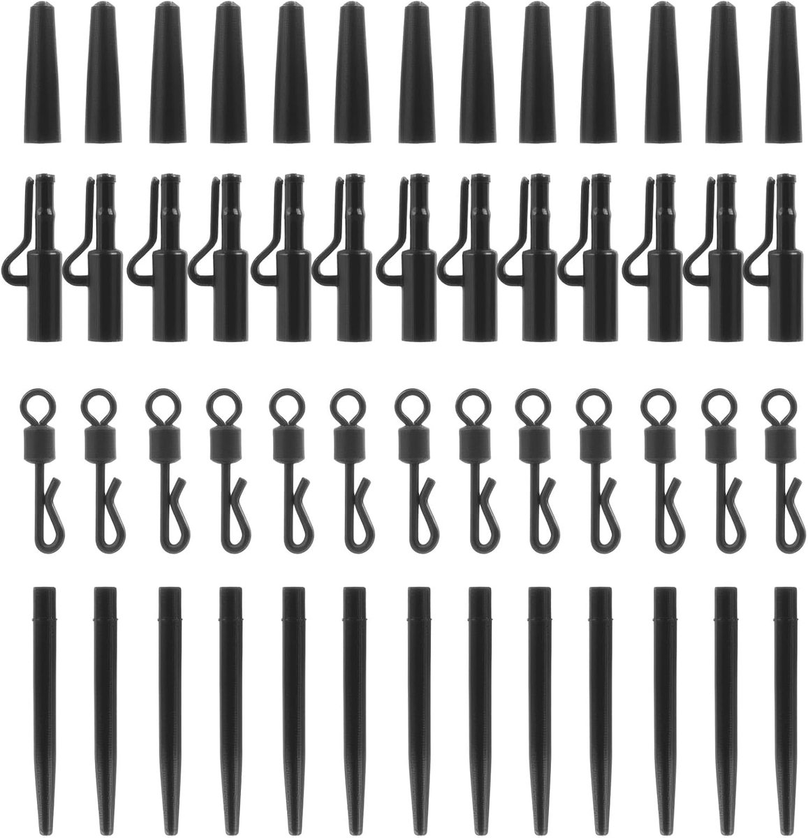 60 stuks, loodclips, anti-klithulzen, snelwisselwartels en rubberen staarten, complete accessoires voor beginnende en ervaren vissers (zwart)