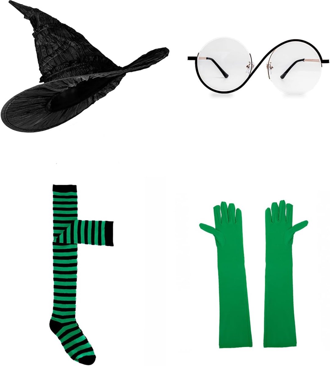 hoed set bril groene handschoenen gestreepte knie hoge sokken kostuum accessoires film Halloween carnaval cosplay party rekwisieten (4 set zwart + groen)