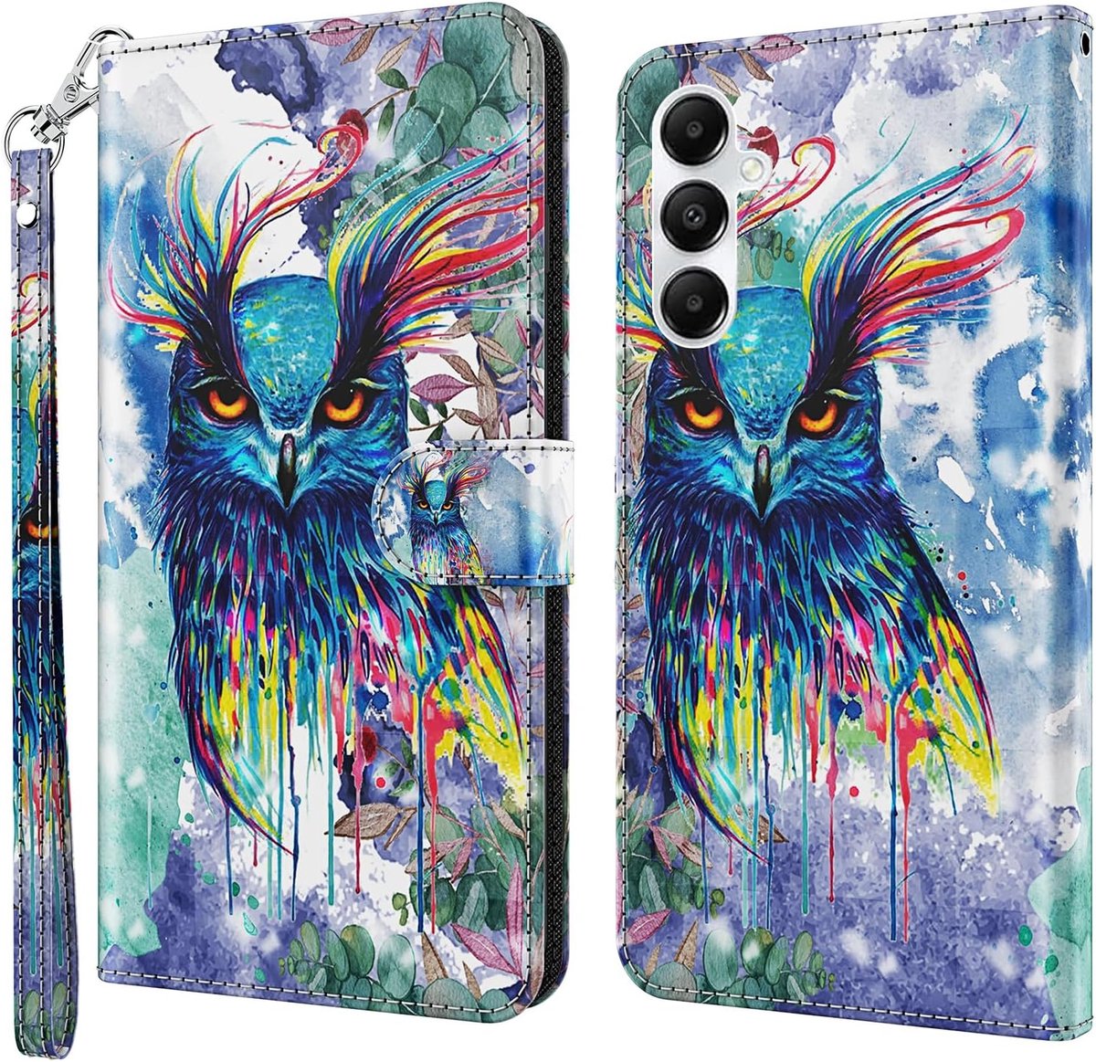 Compatibel met Samsung Galaxy A15 5G - Hoes van PU-leer - Flipcase met standaard en kaartvakken - Beschermhoes Wallet Case Cover Eule kleurrijk