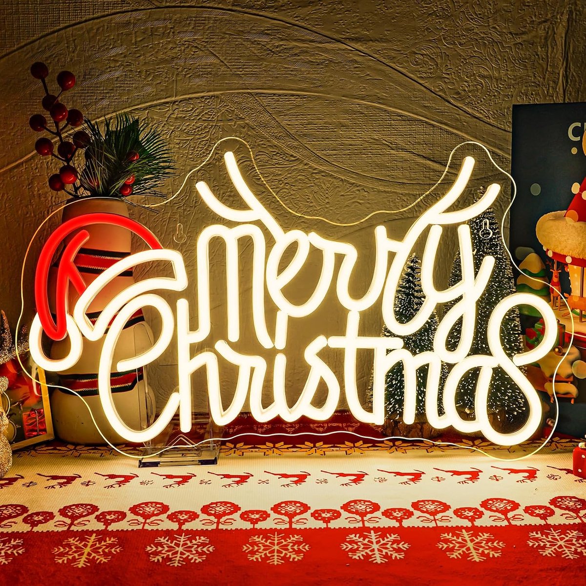 Kerstfeest Hertenhoorn Hoed Neon bord, Gelukkig Kerstfeest, Elandgewei Hoed, Led bord, Led opschrift met Dimbare lichtborden voor muurdecoratie, Kerstfeest, Slaapkamer, Nieuwjaar