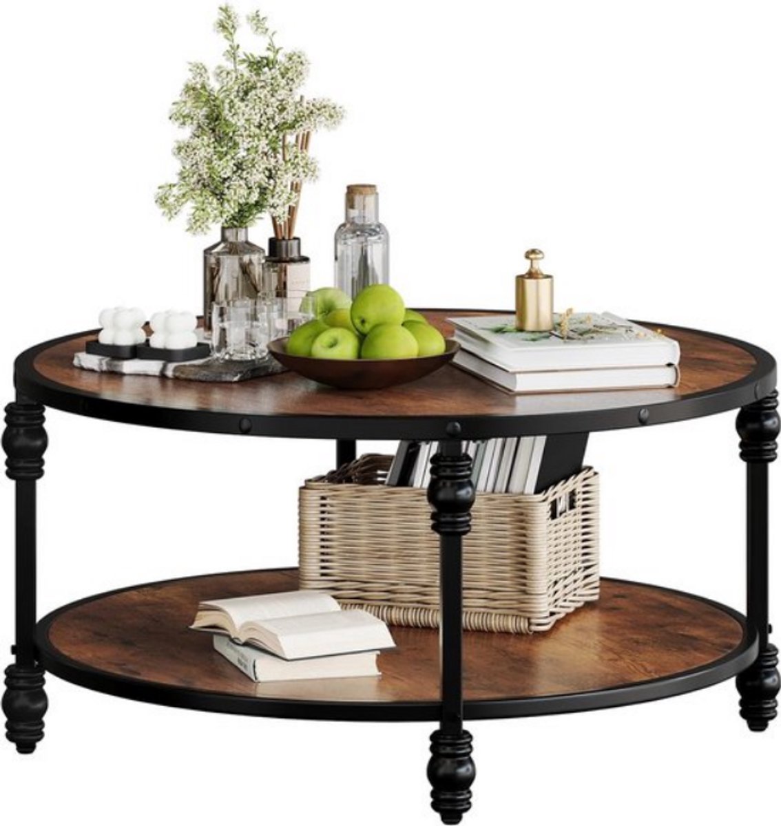 Gudalio Salontafel - Bijzettafel - Koffietafel - Banktafel - Opbergplank - Modern - Hout - 72 x 72 x 48 cm - Rond - Bruin & Zwart