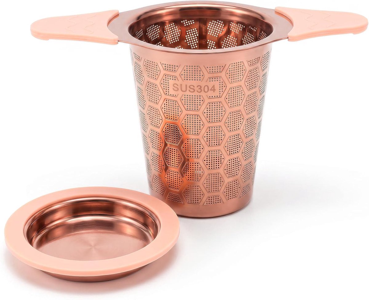 Yomanta Theezeef voor losse thee met deksel, theefilter met hittebestendige siliconen handgreep, thee-infuser 0,4 mm fijn net, theezeef roestvrij staal 304, 1 stuk, roségoud