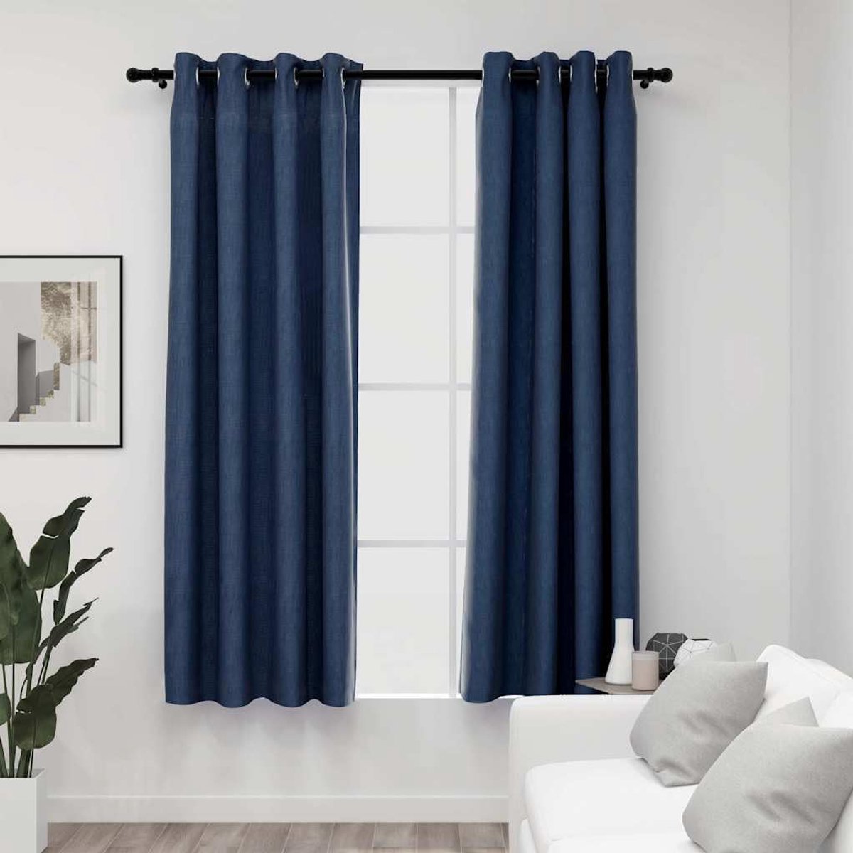 Verduisteringsgordijnen met ogen, linnenlook, 2 stuks, blauw, 140 x 175 cm, 100% polyester, lichtbescherming, machinewasbaar, voor woonkamer en slaapkamer, inkijkbescherming,