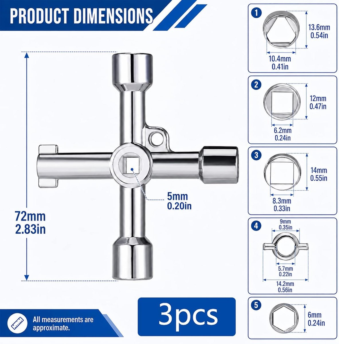 Set van 3 multifunctionele gereedschapssleutels, 4-weg universele sleutel, kastsleutels, gasmeters, elektrische en universele ventielen voor liften, meterdozen en water- en gasventielen