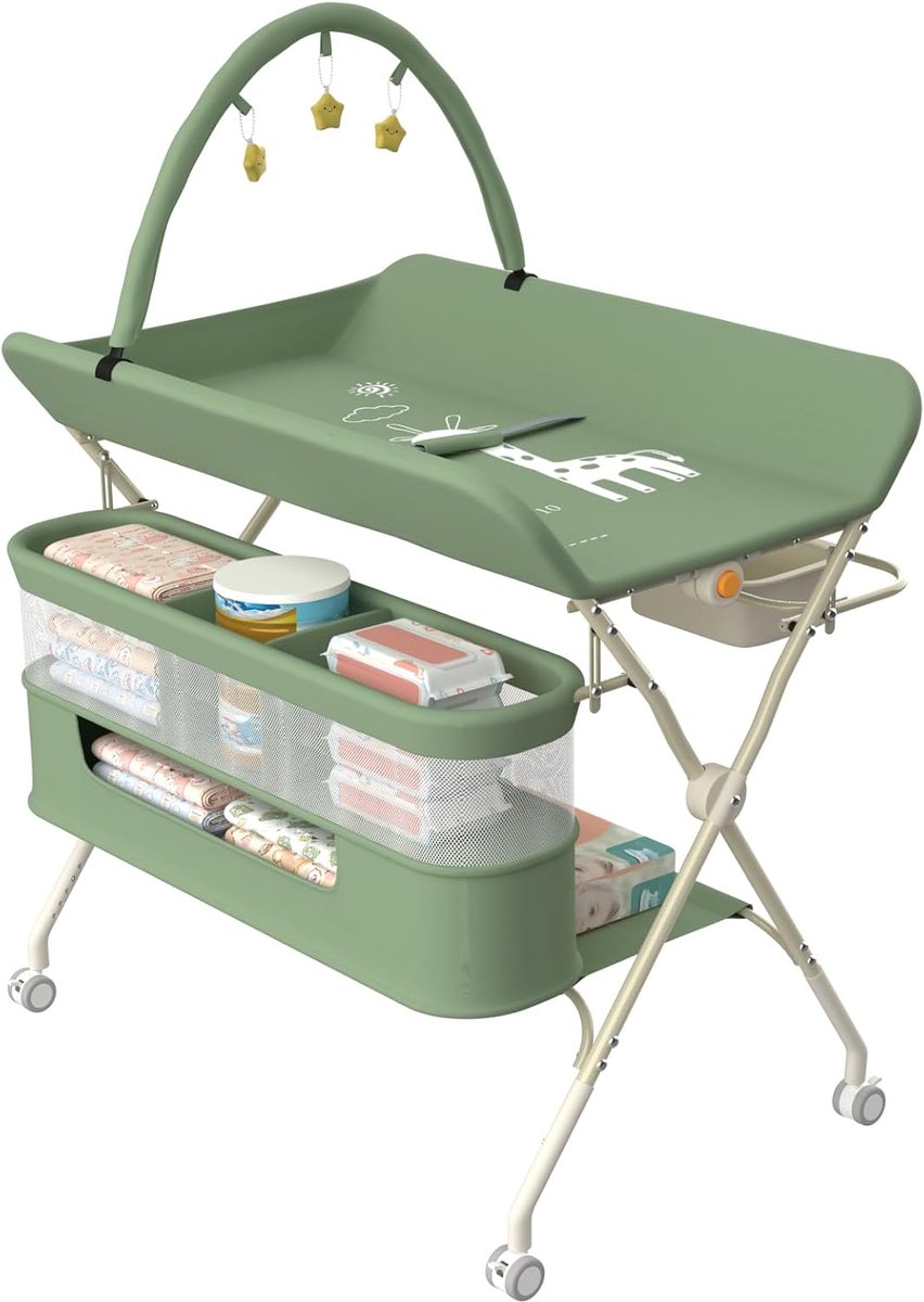 Luiertafel met wielen, opvouwbaar, met opbergmand, aankleedtafel voor nieuws, ijzeren structuur, maximale belasting 25 kg, voor pasgeborenen, ergonomisch design, 75 x 68 x 83-91 cm, groen