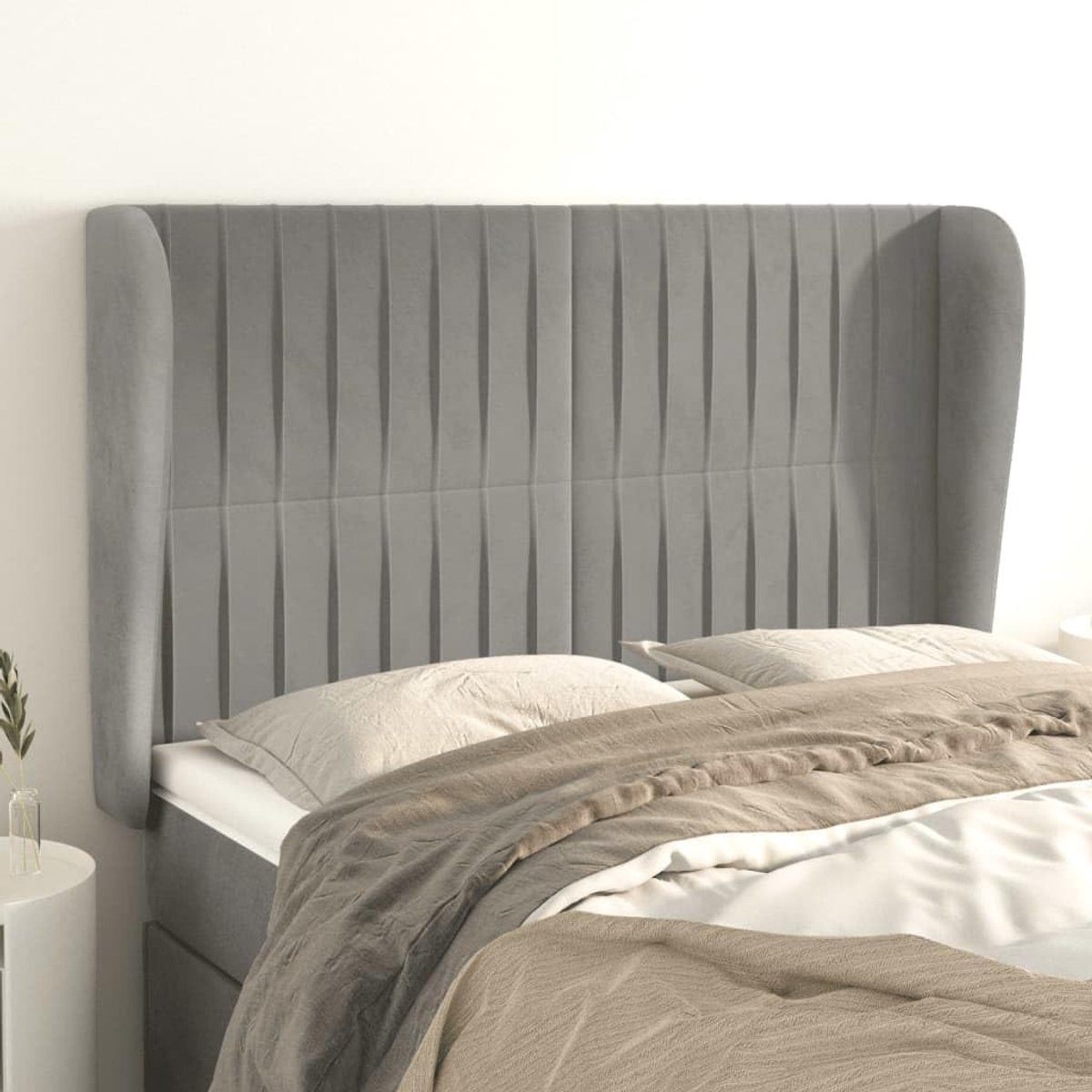 Hoofdsteun met oren, lichtgrijs, 147 x 23 x 118/128 cm, fluwelen hoofdeinde voor slaapkamer, slaapkamermeubels, hotels