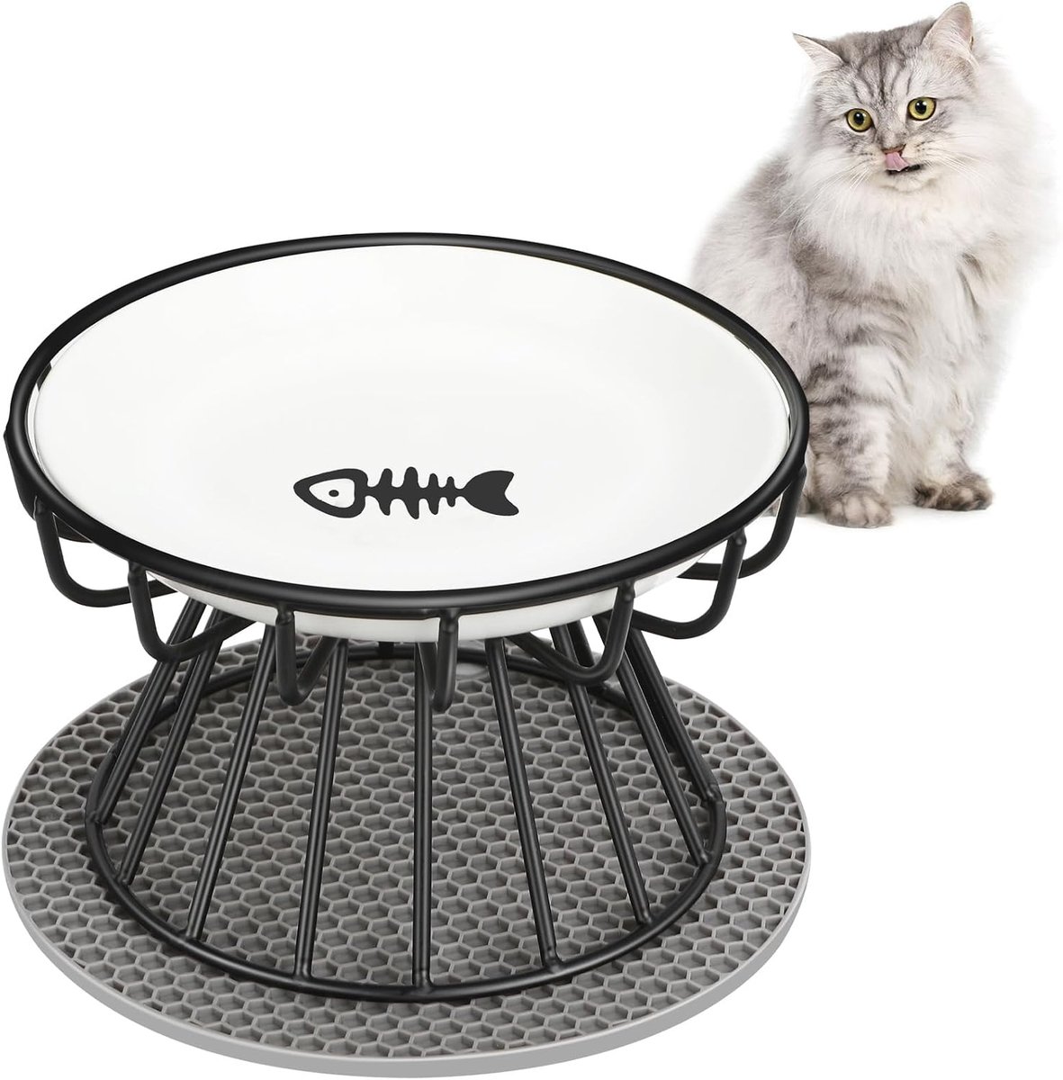 Kattenbak van keramiek met metalen standaard, verhoogde kattenbak met antislipmatten voor kittens, kleine honden (E-zwart)