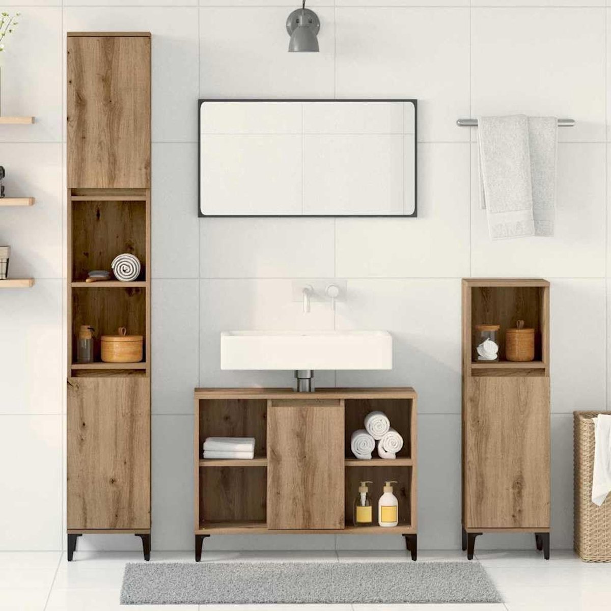 Badkamermeubelset 3 stuks. Artisan eiken houtmateriaal met stalen poten