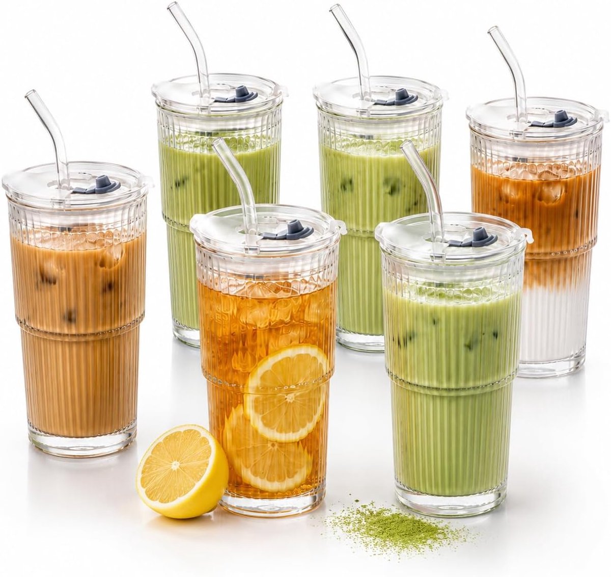 6 glazen set met 2-in-1 deksel en glazen rietje, 480 ml geribbelde drinkglazen, lekvrij & stapelbaar voor matcha, iced tea, latte macchiato, cold brew & ijskoffie