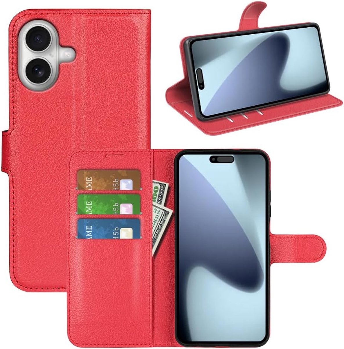 Beschermhoesje voor iPhone 2025, portemonnee-beschermhoes van leer, flip case met siliconen, magneetsluiting, kaarthouder, kickstand, voor iPhone 2025, rood