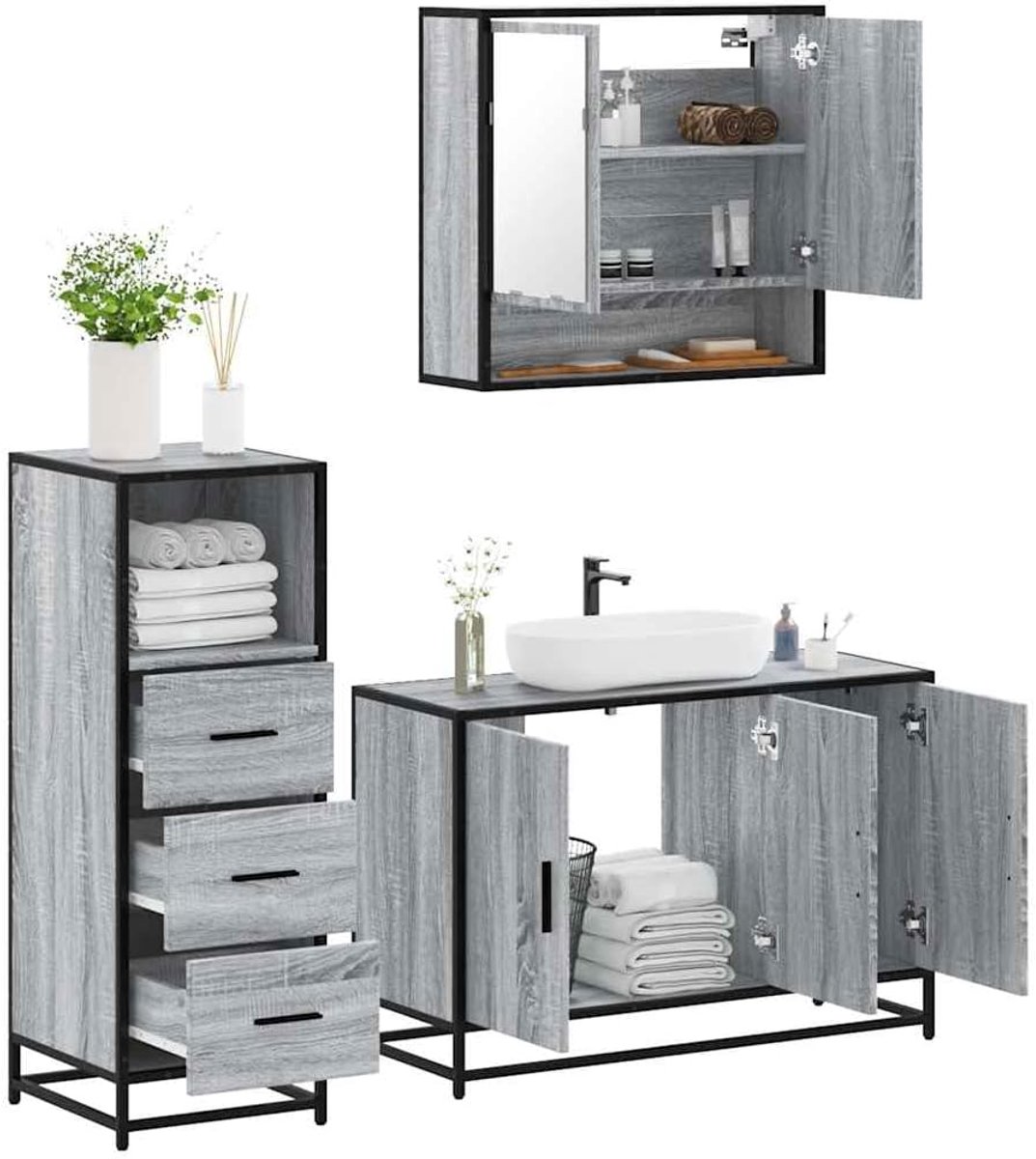 3-delig badkamermeubelset grijs Sonoma houtmateriaal met metalen frame en
