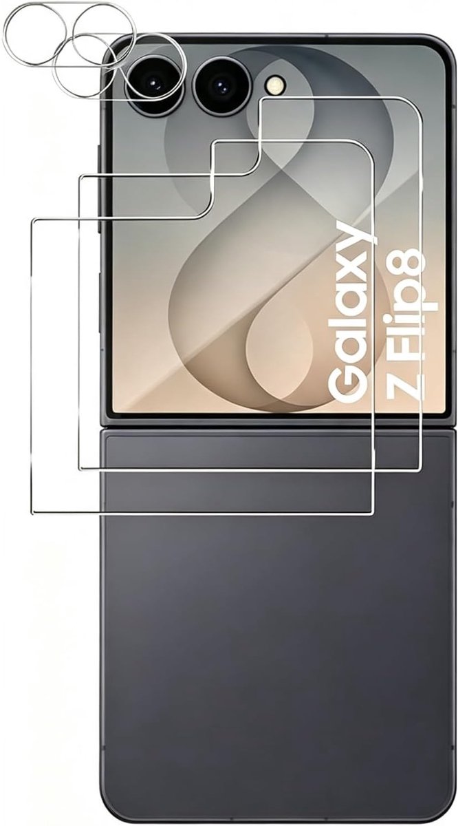 Screen protector voor Samsung Galaxy Z Flip 8 5G, 2 stuks krasbestendige displaybeschermfolie met 2 stuks camerafolie, HD helder, zonder luchtbellen, Ultra Boven 9H+ Gehard glas