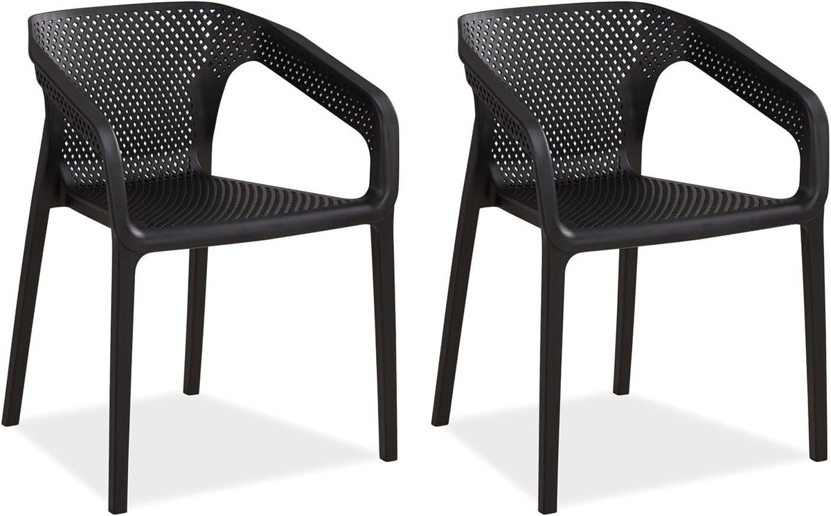 Tuinstoel, stapelbaar, kunststof, zwart, set van 2 met armleuningen, weerbestendig, tuinmeubelen, stoelen