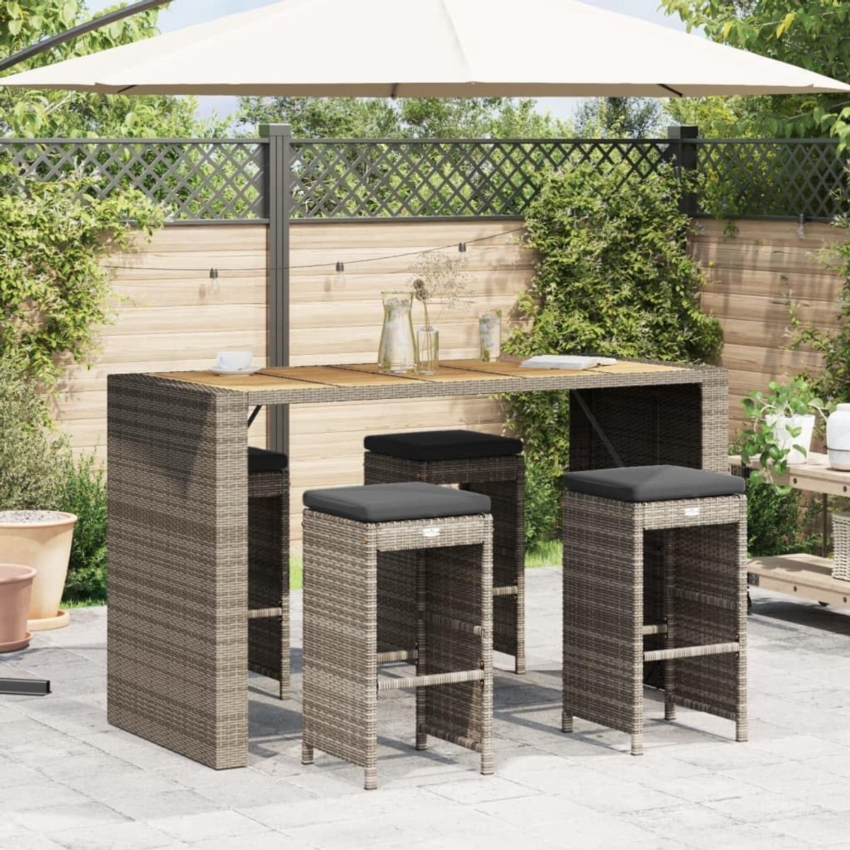 Set van 4 stuks, grijs, polyrotan barkrukken met afneembare kussenslopen, stalen frame (max.110 kg) per zitbank