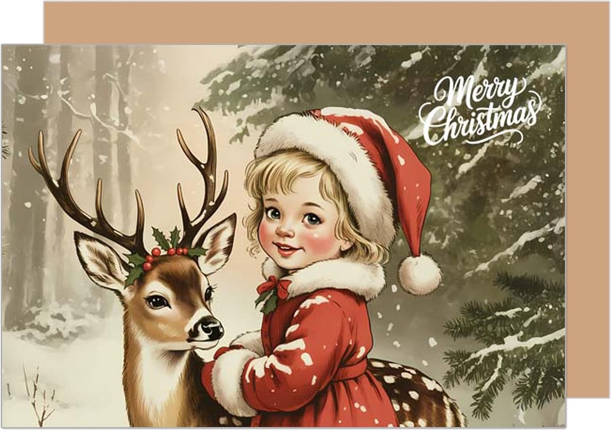 Seidel Premium Wenskaart voor Kerstmis met envelop. Wenskaart Kerstkaart Engels voor vrouw man retro Xmas Merry Christmas meisje kerstkleding (W1089 SW025)