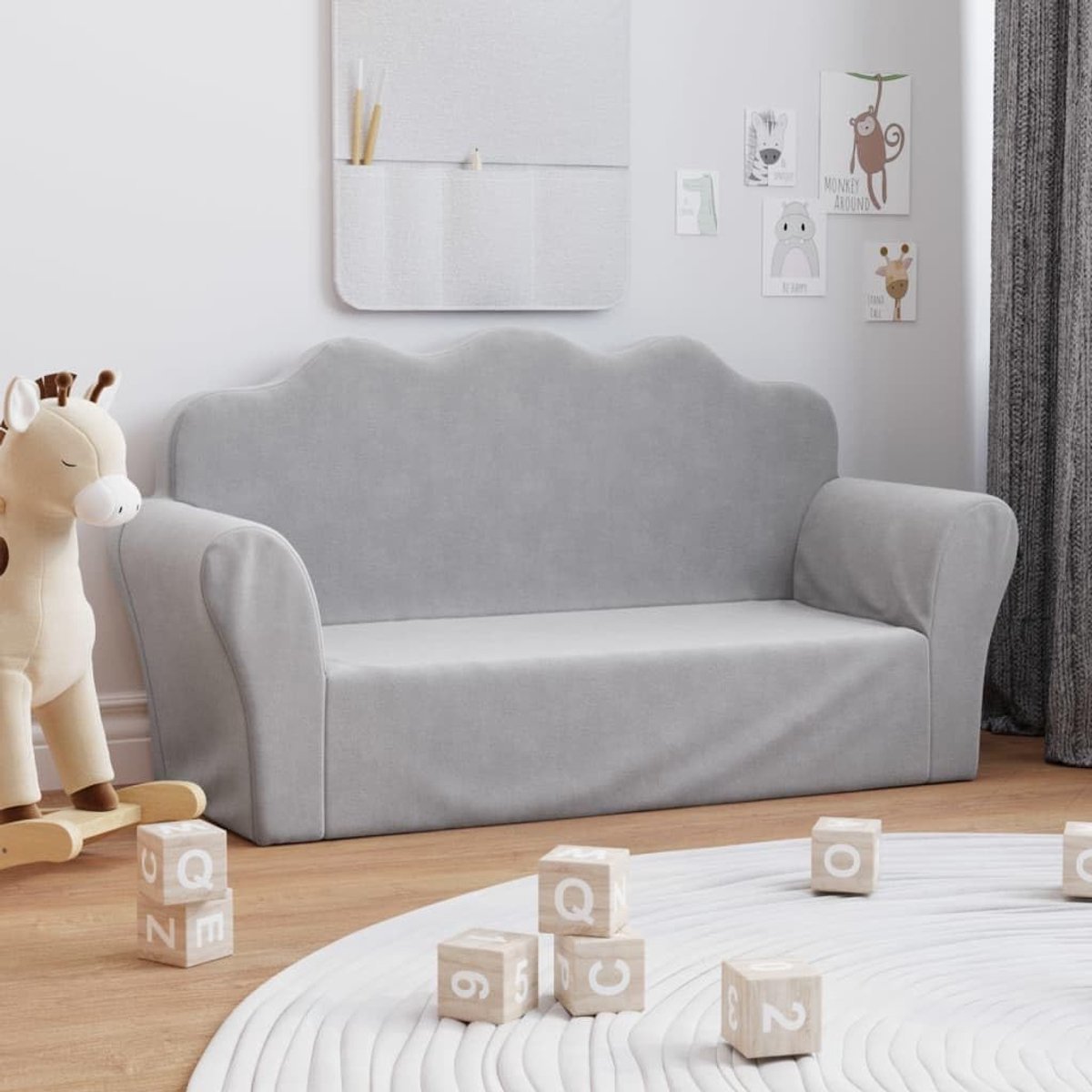 Kinderbank met 2 zitplaatsen, kinderstoel, kinderbank, slaapbank voor kinderen, mini-sofa voor kinderen, lichtgrijs, zacht pluche