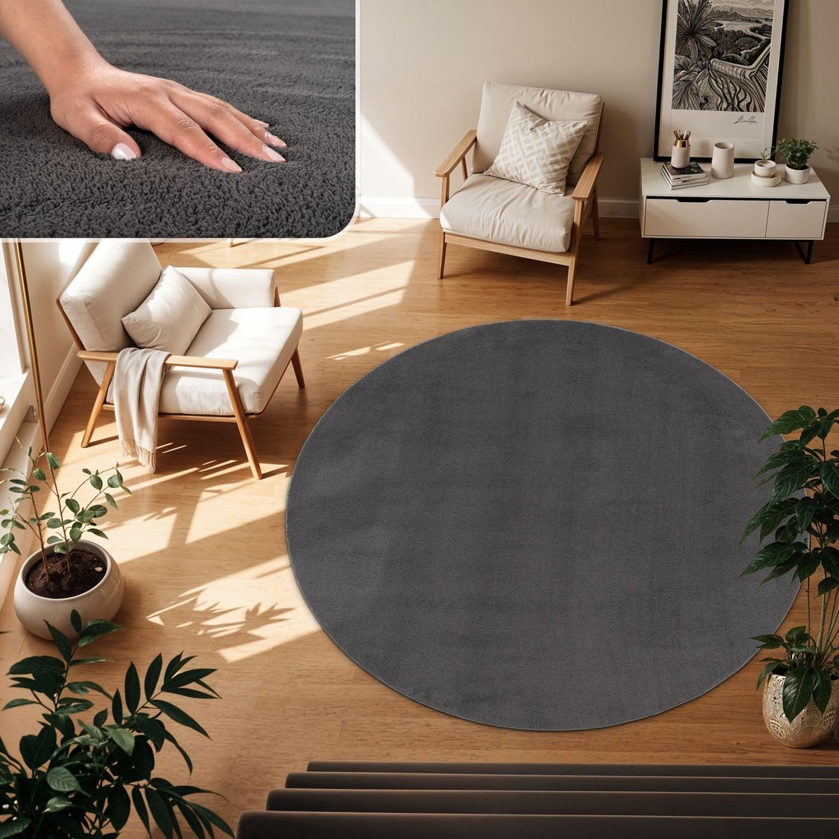 Home Vloerkleed Woonkamer Anthraciet 120 cm Rond Wasbaar & Laagpolig