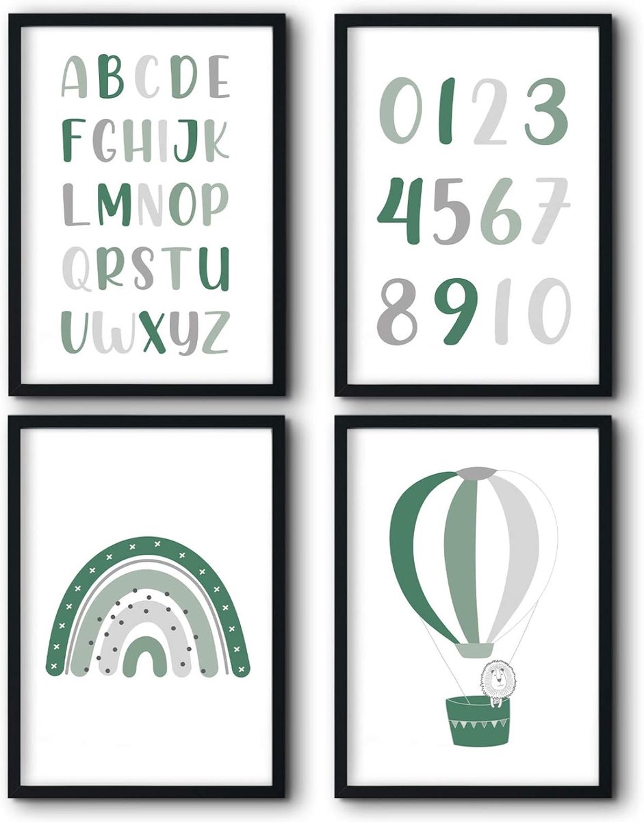 Bilderreich Set van 4 posters voor de kinderkamer, set decoratieve afbeeldingen babykamer jongen meisje | kinderafbeelding voor aan de muur | zonder lijst | 4 x 30 x 40 cm | "Alfabet cijfers ballon