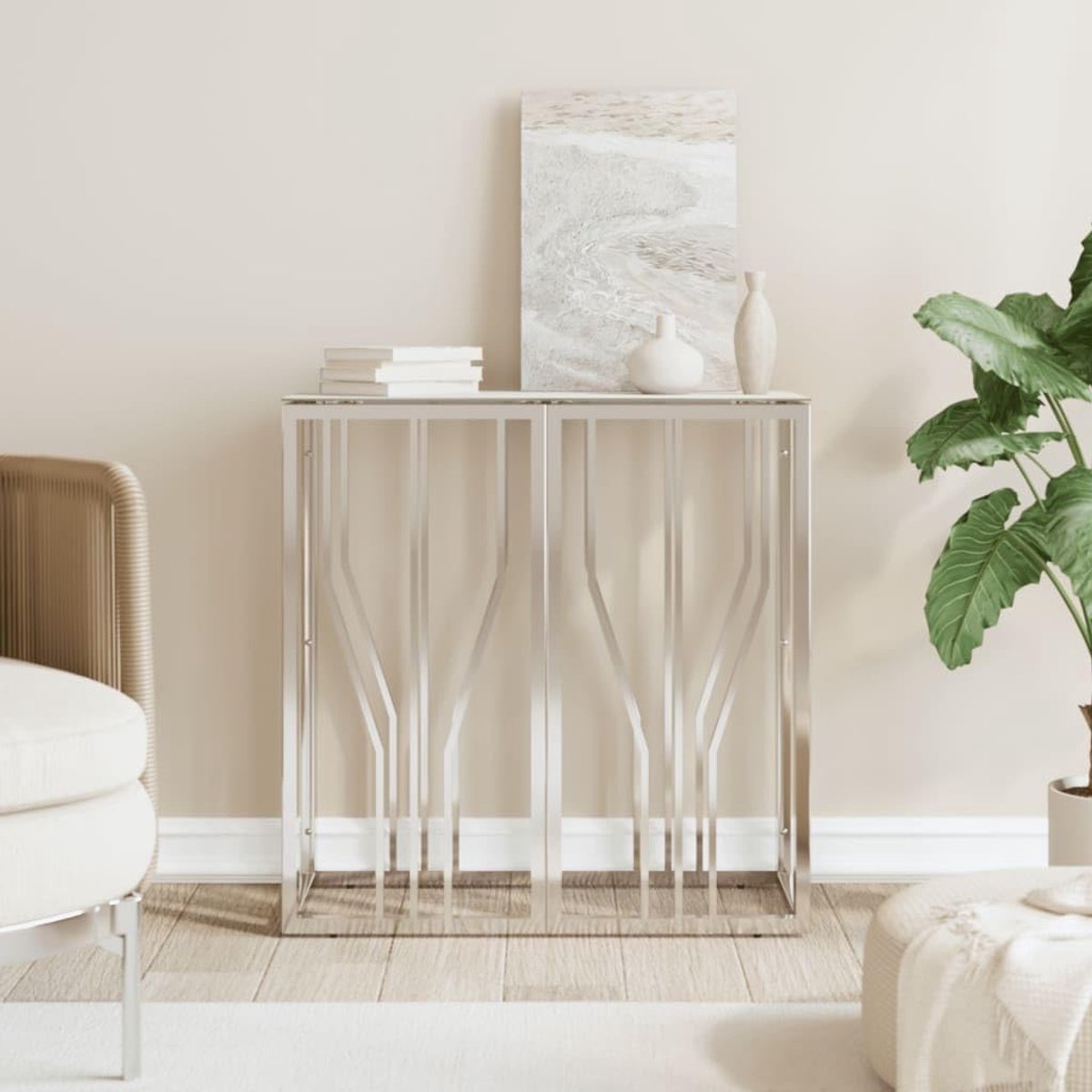 Bijzettafel, bijzettafel, bijzettafel, zilver, 70 x 30 x 70 cm, roestvrij staal en glas, geschikt voor woonkamer, slaapkamer, studeerkamer
