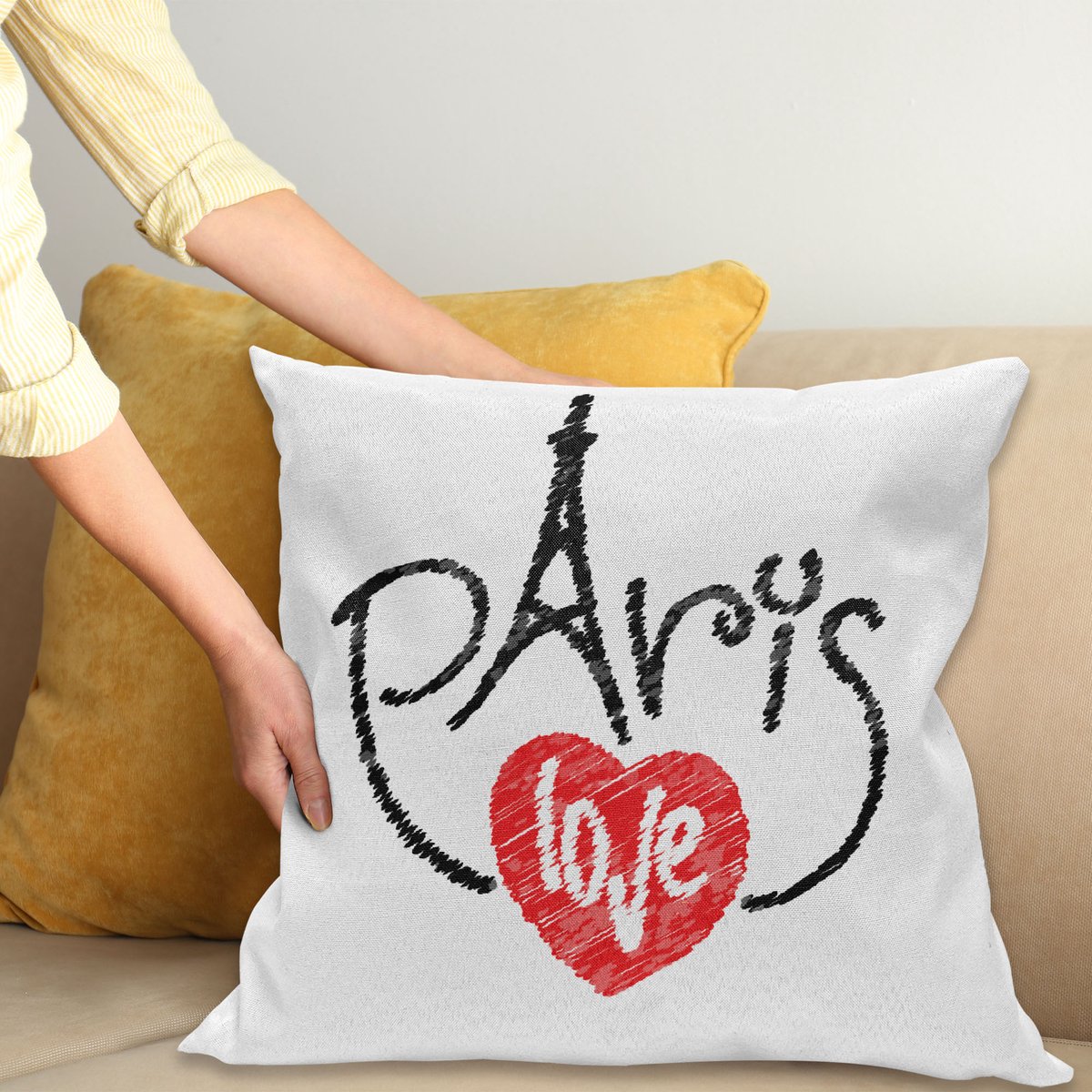 ABAKUHAUS Paris Sierkussenhoes, I Liefde Paris Thema met Eiffel Tower Silhouet in Letters Harten Illustratie, Decoratieve Vierkante Sierkussenhoes, 45 x 45 cm, Zwart Wit