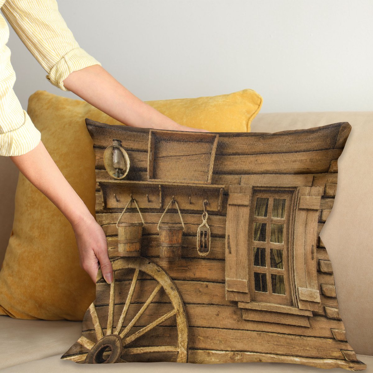 ABAKUHAUS Western Sierkussenhoes, Oud Wagon Wheel Next to Rustiek Houten House Vintage Window Buckets Cottage Print, Decoratieve Vierkante Sierkussenhoes, 45 x 45 cm, Bruin
