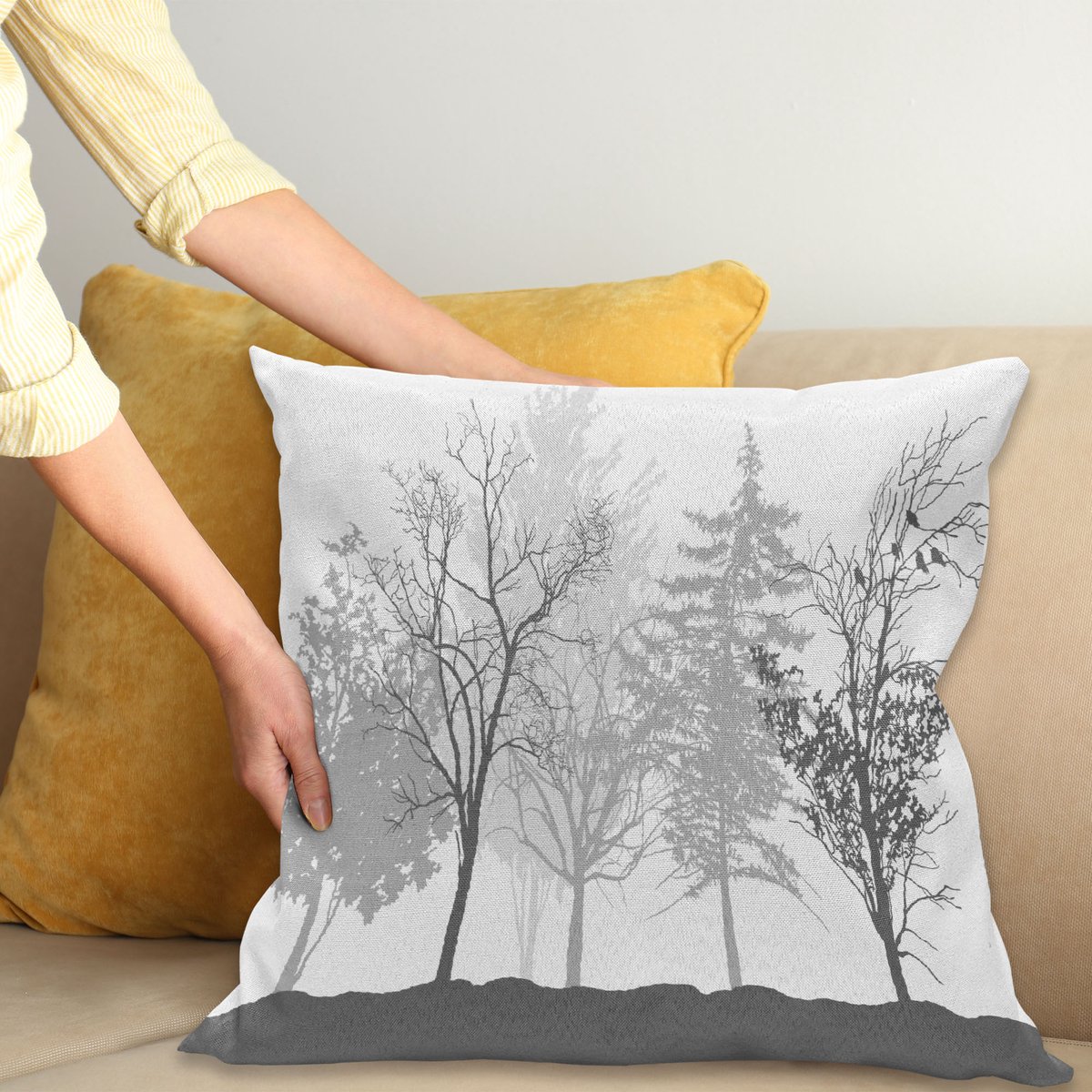 ABAKUHAUS Natuur Sierkussenhoes, Silhouet van Bomen Bos Freshness Thema Bos Takken Afbeelding, Decoratieve Vierkante Sierkussenhoes, 40 x 40 cm, Grijs Wit