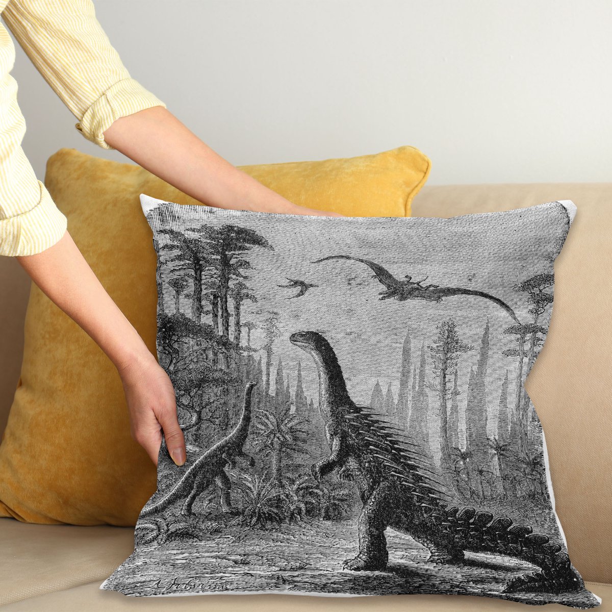 ABAKUHAUS Fantasie Sierkussenhoes, Dinosaurs Dragons in op Araucaria Landschap Prehistorics op Aarde Trex Illustratie Print, Decoratieve Vierkante Sierkussenhoes, 45 x 45 cm, Grijs