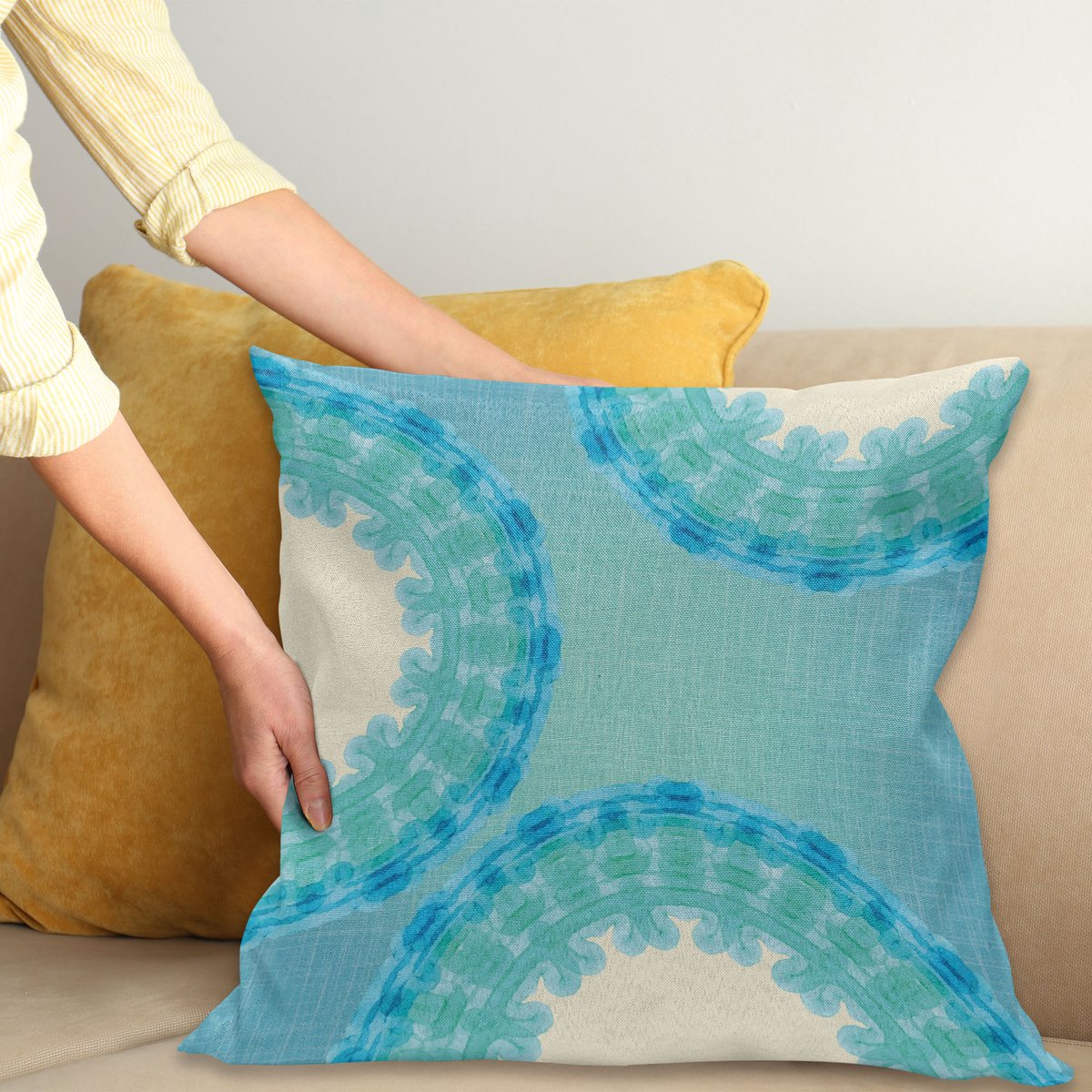 ABAKUHAUS Aqua Sierkussenhoes, Tie Dye Effect Afbeelding Mandala Ombre met Cirkels Rounds Etnisch, Decoratieve Vierkante Sierkussenhoes, 50 x 50 cm, Blauw Marineblauw