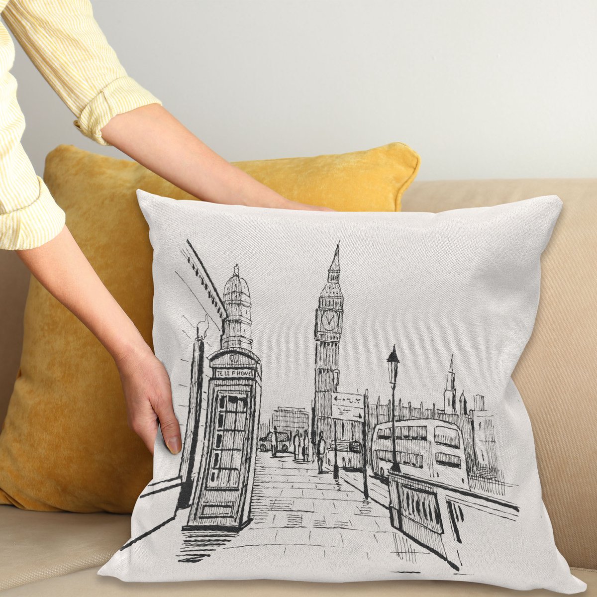 ABAKUHAUS Modern Sierkussenhoes, London Stad met Big Ben Monument Scene in Schets Stijl British Famous Town Kunstwerk, Decoratieve Vierkante Sierkussenhoes, 50 x 50 cm, Beige Zwart